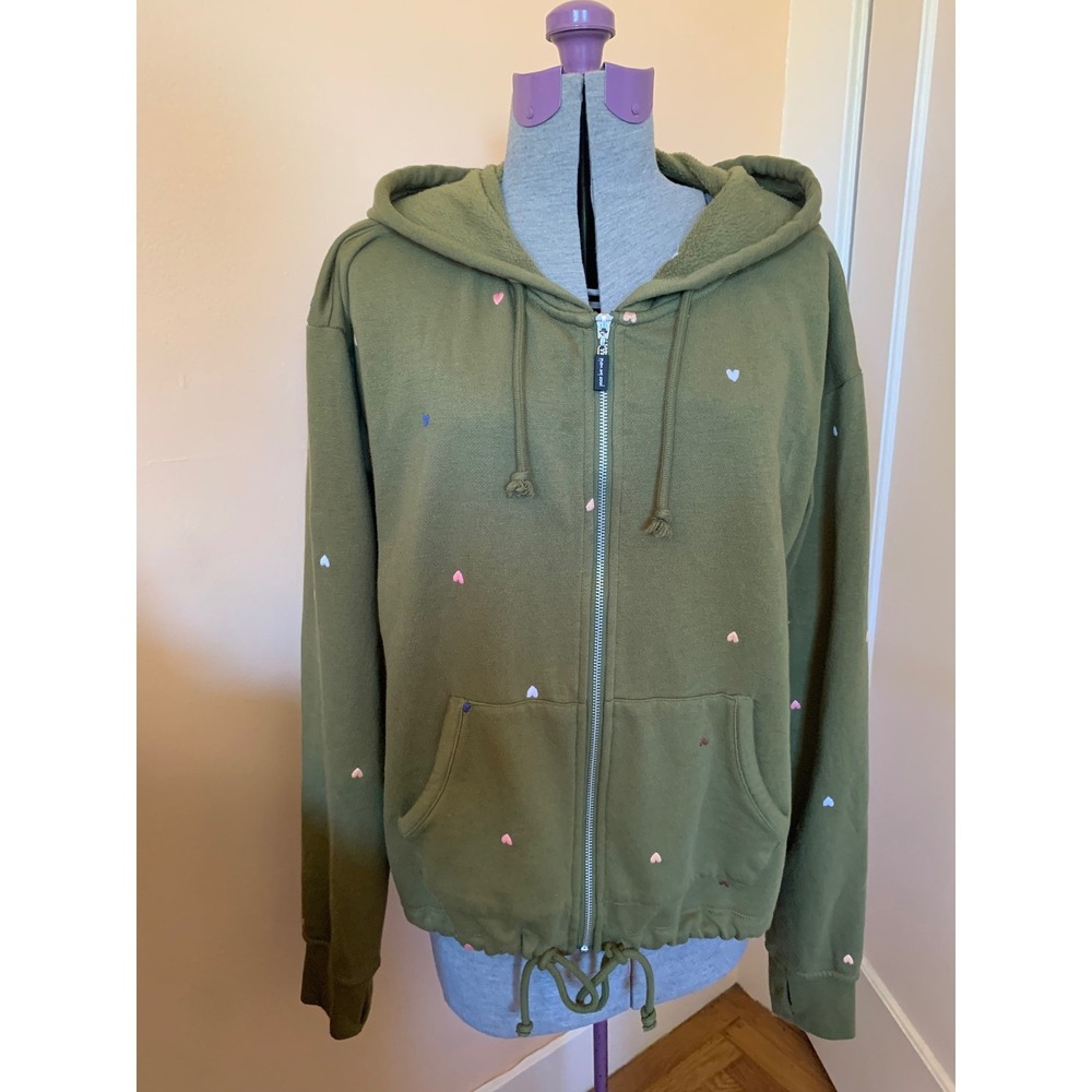 Peace Love World Olive Green Heart Embroidery Zip Hoodie Sweatshirt M Thumbholes